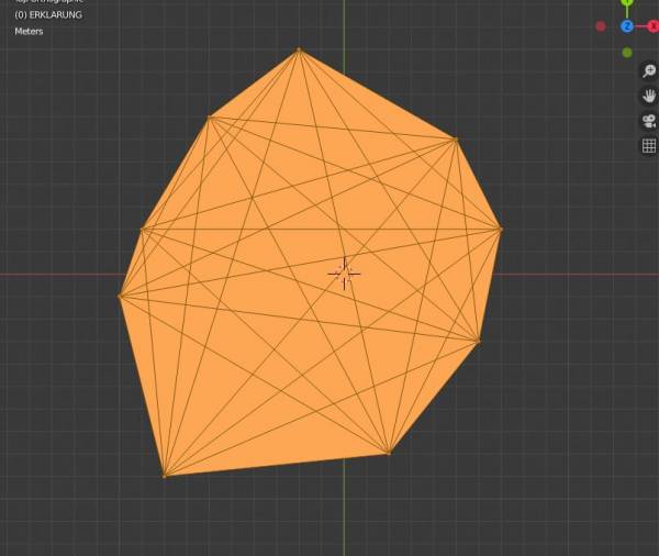 Da ich keine Ahnung hatte, wie man Flächen in Blender automatisch aus zufälligen Punkten generieren kann, habe ich hier eine quick-and-dirty-Variante geschrieben. Blender braucht zur Darstellung von Flächen eine Reihenfolge der Eckpunkte einer Fläche, entweder im oder gegen den Uhrzeigersinn. Da mir hier keine bessere Lösung eingefallen ist und es einen Abend vor der großen Präsentation im Wissenschaftsfenster war, habe ich einfach alle möglichen Dreiecke zwischen den Eckpunkten zeichnen lassen, wodurch sich automatisch dei Fläche ergibt