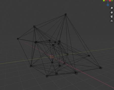 Unter einigen Anstrengungen konnte im Rahmen eines spätabendlichen Updates das Problem mit dem Kugelkriterium endlich gelöst werden und die Delaunay-Tetraedisierung endlich als 3D-Wireframe (Drahtmodell) bewundert werden.