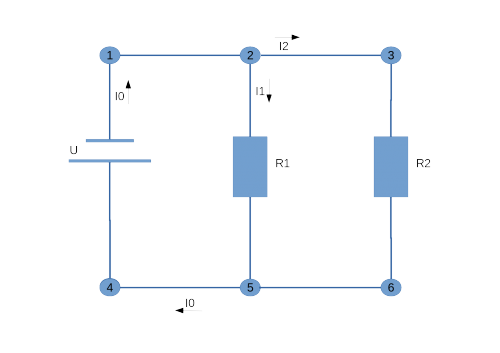 Abbildung 2: Beispiel einer Parallelschaltung mit zwei parallelen Verbrauchern R1 und R2.
